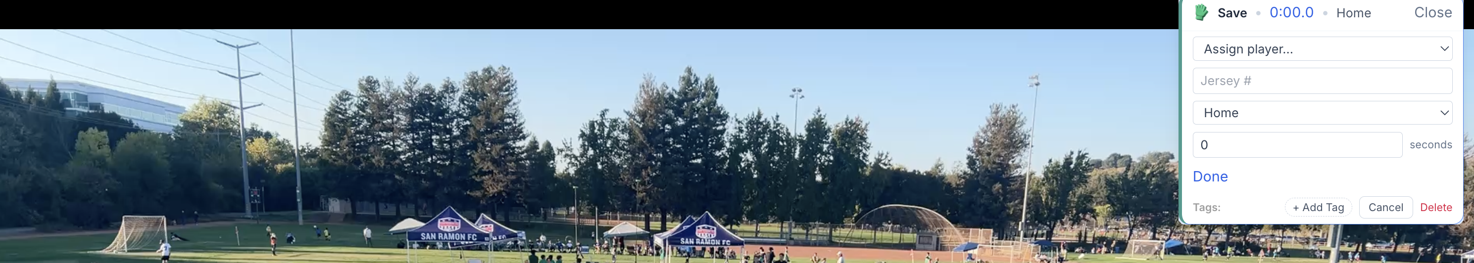 Fullscreen event edit card with player, team, time, and tag controls